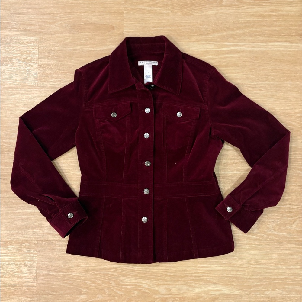 Liz Claiborne Crazy Horse Burgundy Corduroy Peplum Jacket Vintage Medium 90s Y2K